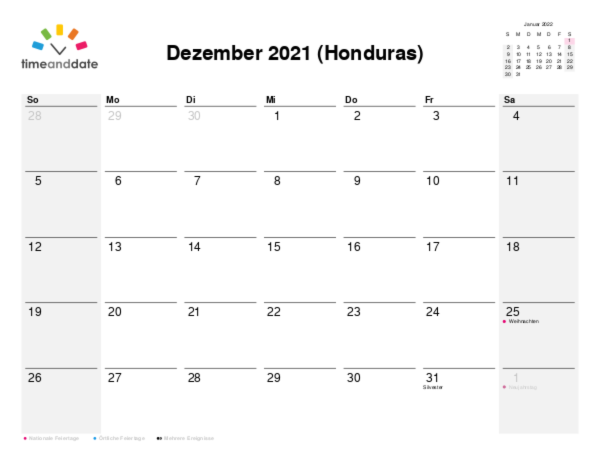 Kalender für 2021 in Honduras