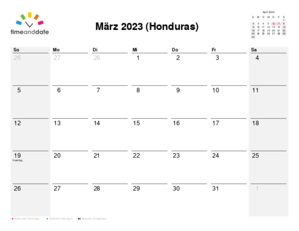 Kalender für 2023 in Honduras