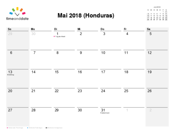 Kalender für 2018 in Honduras