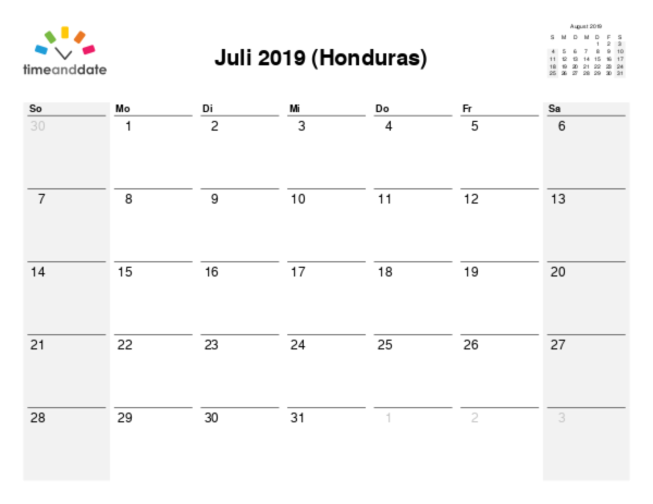 Kalender für 2019 in Honduras