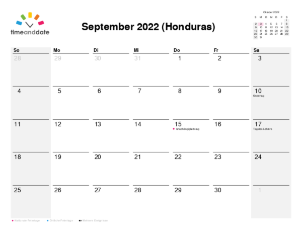 Kalender für 2022 in Honduras