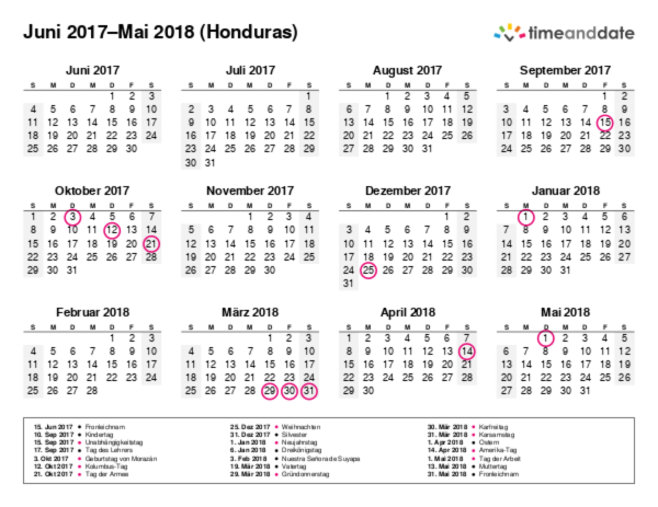 Kalender für 2017 in Honduras