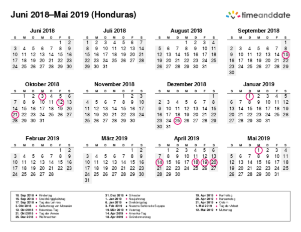 Kalender für 2018 in Honduras