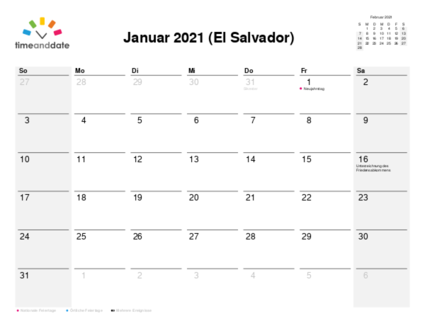 Kalender für 2021 in El Salvador