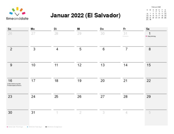 Kalender für 2022 in El Salvador