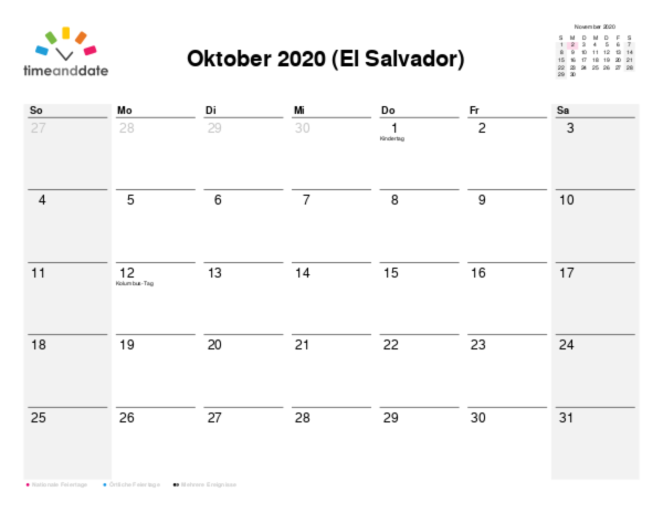 Kalender für 2020 in El Salvador