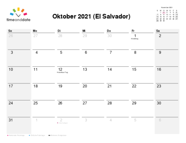 Kalender für 2021 in El Salvador