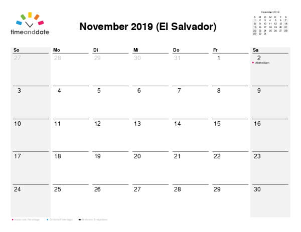 Kalender für 2019 in El Salvador