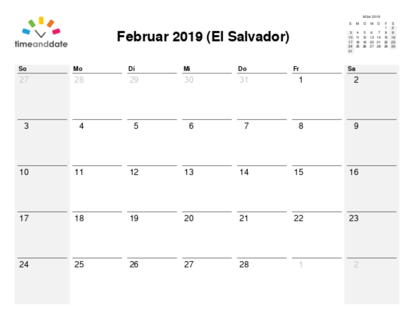 Kalender für 2019 in El Salvador