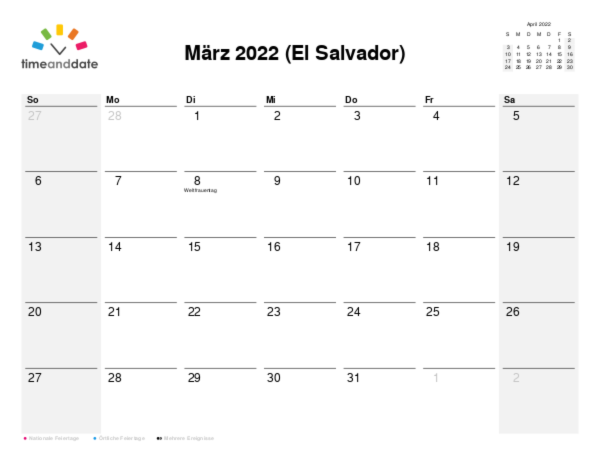 Kalender für 2022 in El Salvador