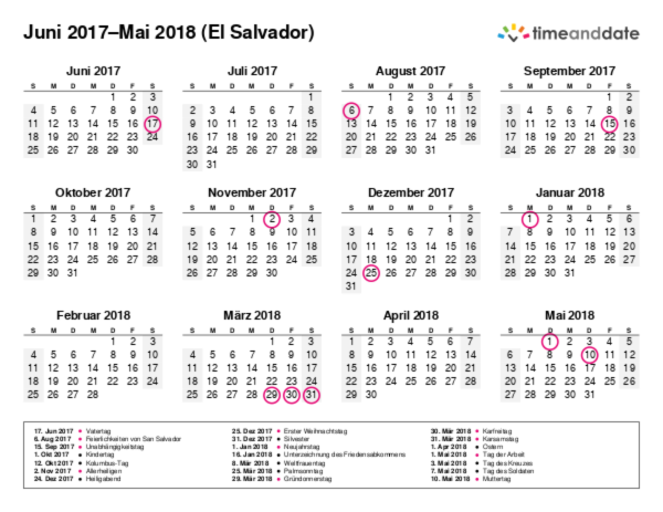 Kalender für 2017 in El Salvador