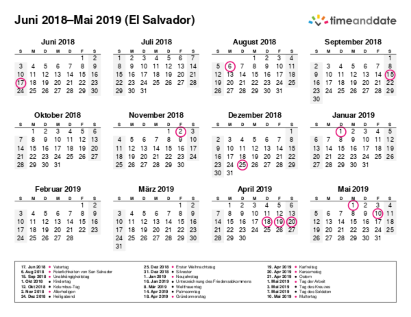 Kalender für 2018 in El Salvador