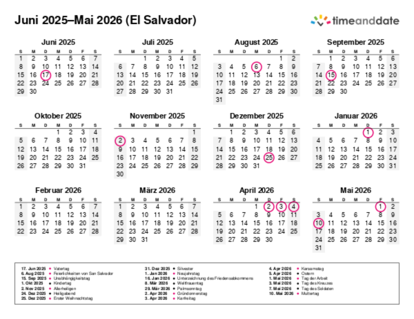 Kalender für 2025 in El Salvador