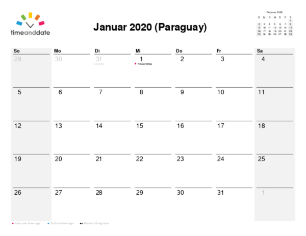 Kalender für 2020 in Paraguay