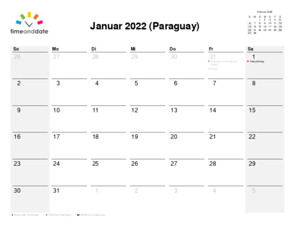 Kalender für 2022 in Paraguay