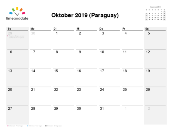 Kalender für 2019 in Paraguay