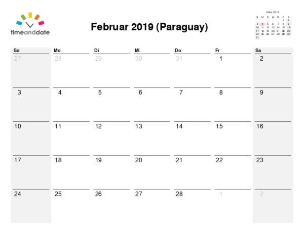 Kalender für 2019 in Paraguay