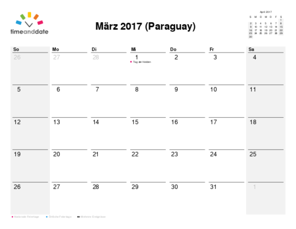 Kalender für 2017 in Paraguay