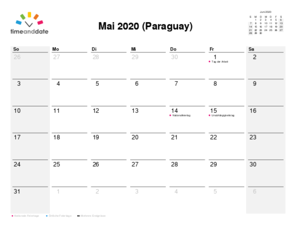 Kalender für 2020 in Paraguay