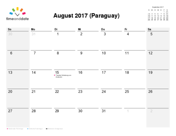 Kalender für 2017 in Paraguay