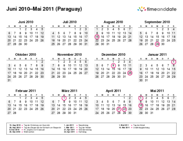 Kalender für 2010 in Paraguay