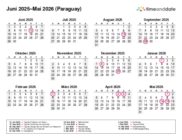 Kalender für 2025 in Paraguay