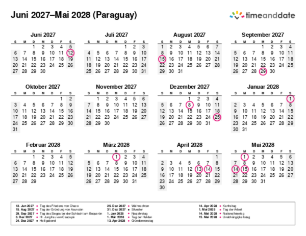 Kalender für 2027 in Paraguay