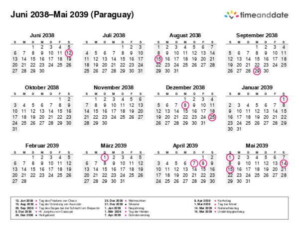 Kalender für 2038 in Paraguay
