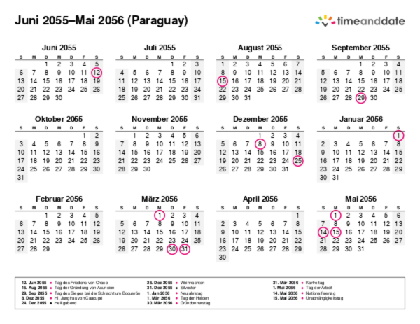 Kalender für 2055 in Paraguay