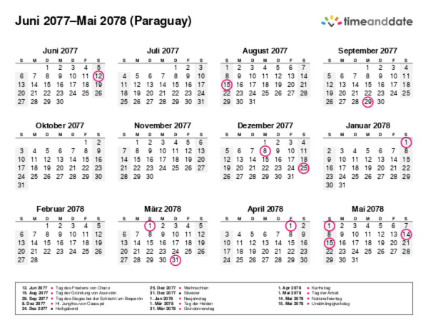Kalender für 2077 in Paraguay