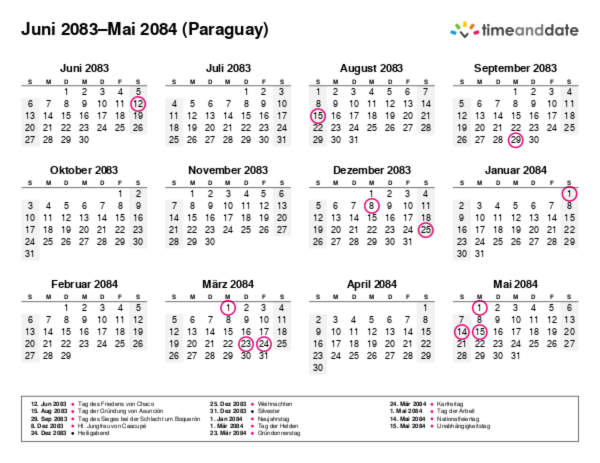 Kalender für 2083 in Paraguay