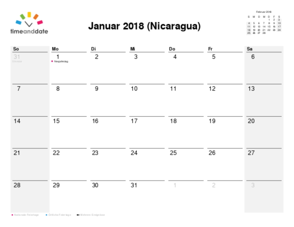 Kalender für 2018 in Nicaragua