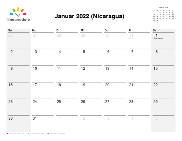 Kalender für 2022 in Nicaragua