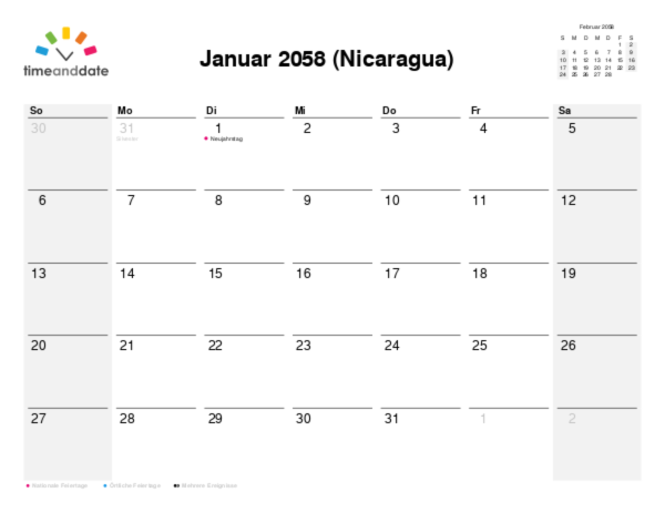 Kalender für 2058 in Nicaragua