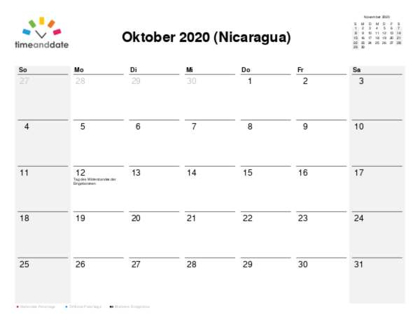Kalender für 2020 in Nicaragua