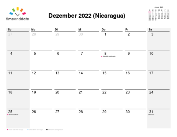 Kalender für 2022 in Nicaragua