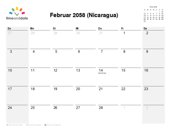 Kalender für 2058 in Nicaragua
