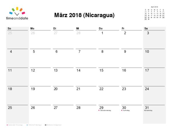 Kalender für 2018 in Nicaragua
