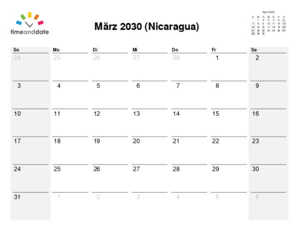 Kalender für 2030 in Nicaragua