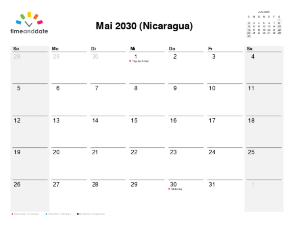 Kalender für 2030 in Nicaragua