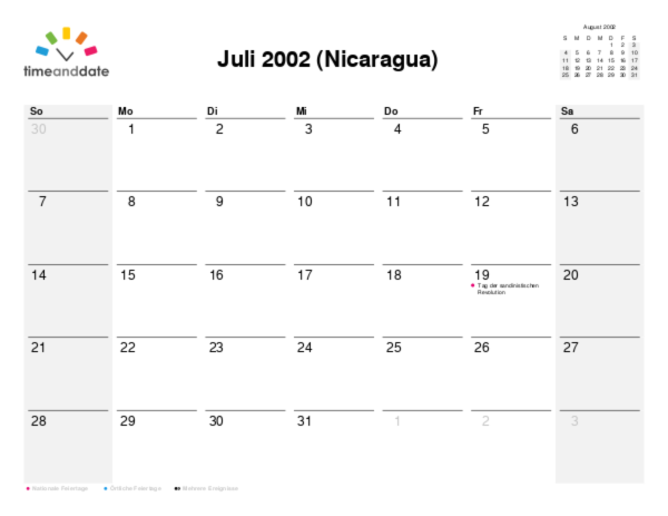 Kalender für 2002 in Nicaragua
