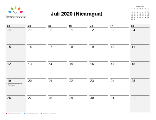 Kalender für 2020 in Nicaragua