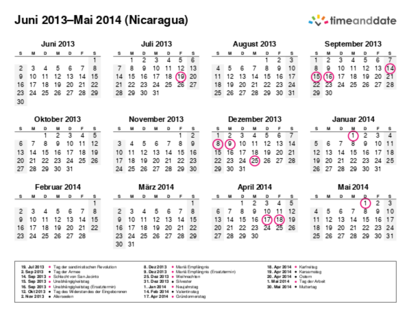Kalender für 2013 in Nicaragua