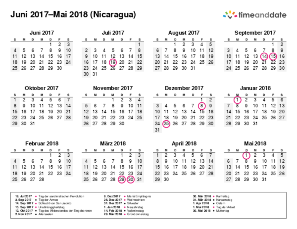 Kalender für 2017 in Nicaragua