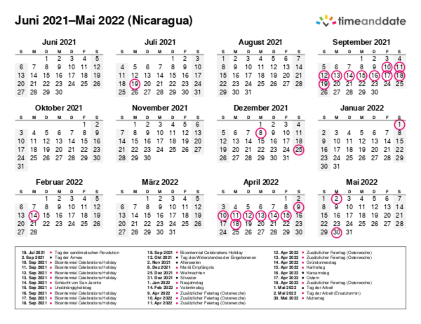 Kalender für 2021 in Nicaragua