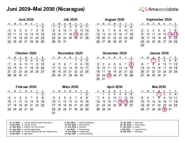 Kalender für 2029 in Nicaragua