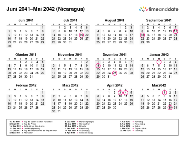 Kalender für 2041 in Nicaragua