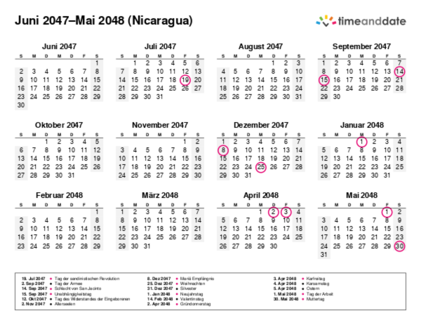 Kalender für 2047 in Nicaragua