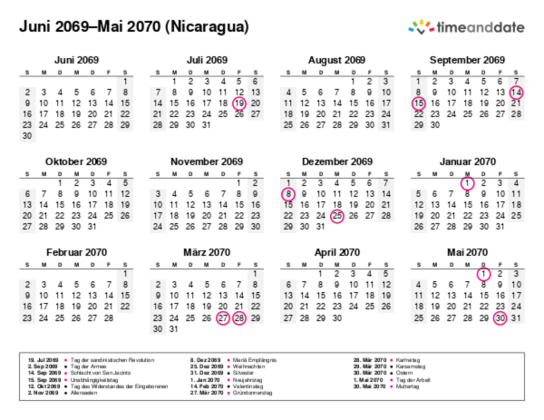 Kalender für 2069 in Nicaragua