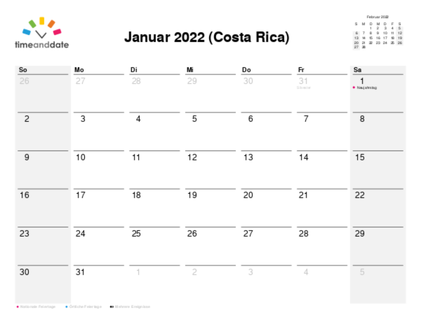 Kalender für 2022 in Costa Rica